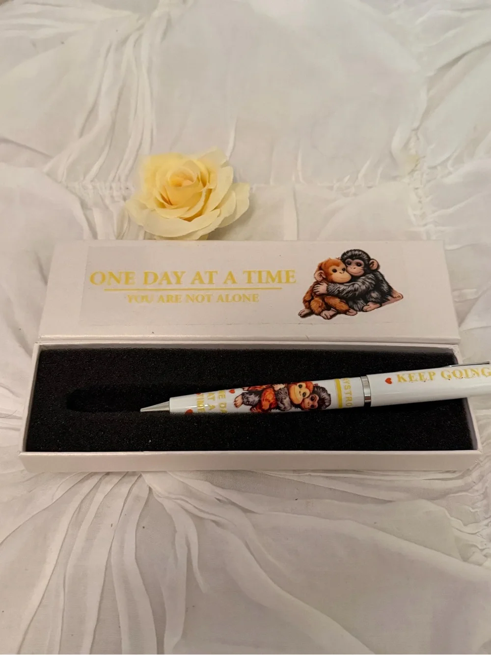 Cute Hugging Monkey Punch Ballpoint Pen White with Box With Phrase Motivational